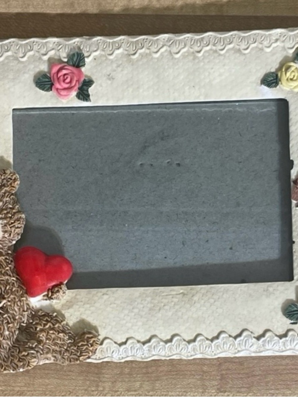 Brown Teddy Bear Frame Holding Red Heart With Roses Holds 3 Inch X 4.25 Inch Pho